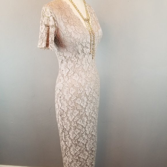 Vintage Y2K Michi Long Taupe Lace Fitted Sheath Dress Women's Size Small - Picture 8 of 11